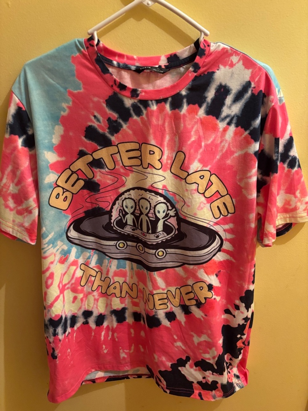 SHEIN Tie-Dye Graphic Tee in Pink, Blue & Black - UFO 'Better Late'